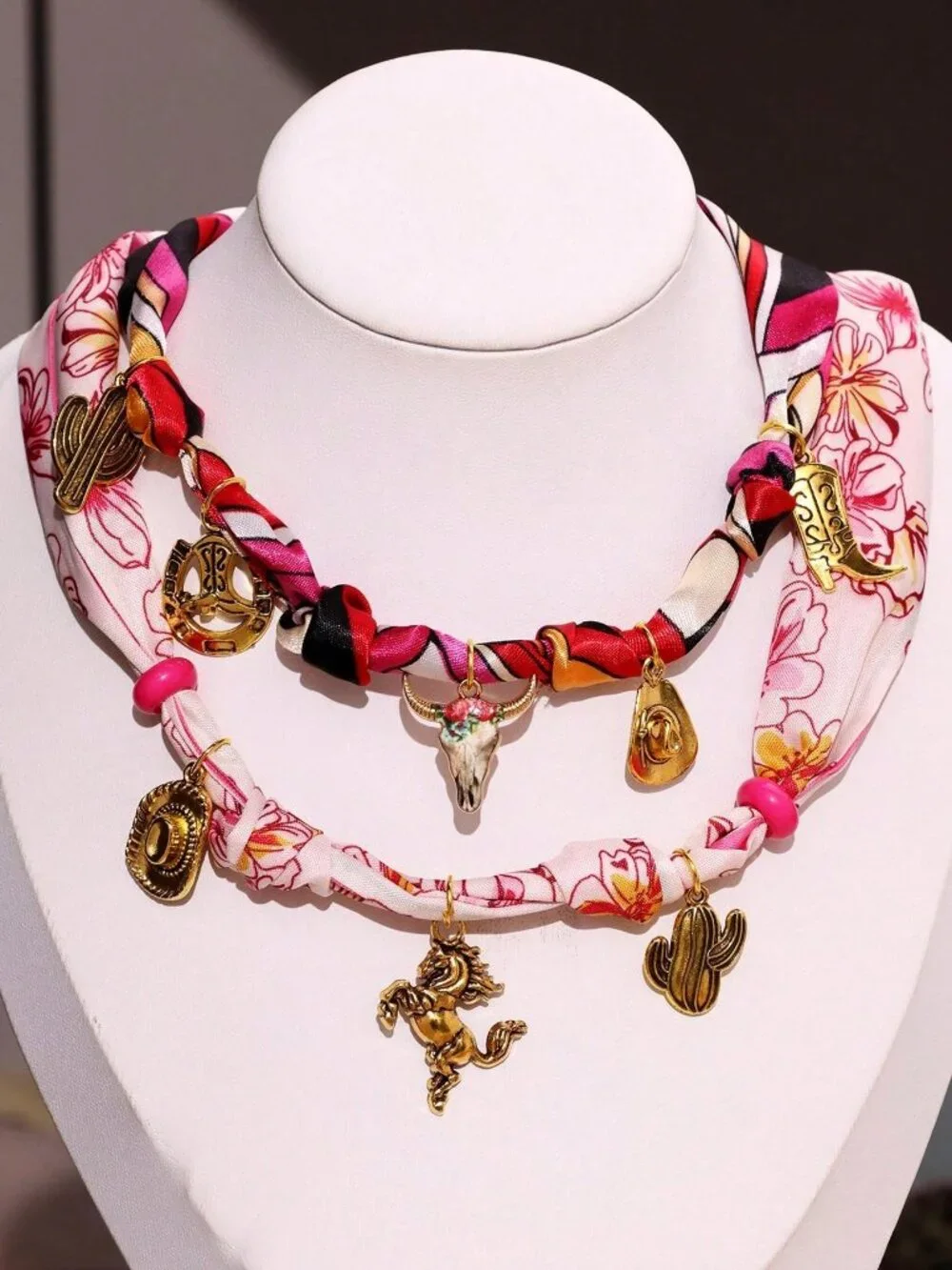 Western Cowboy Bandana Scarf Necklace Boots Cactus Charms Boho